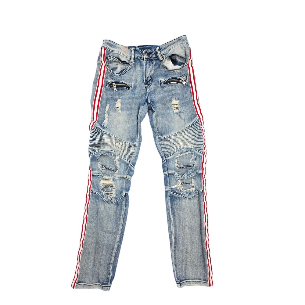 Rue21 Premium Mens 28x30 Skinny Supreme Flex Moto Distressed Side Stripe Jeans‎
